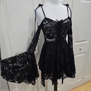 Dolls Kill Widow Goth Black Lace F is For Fairies Handkerchief Mini Dress S M